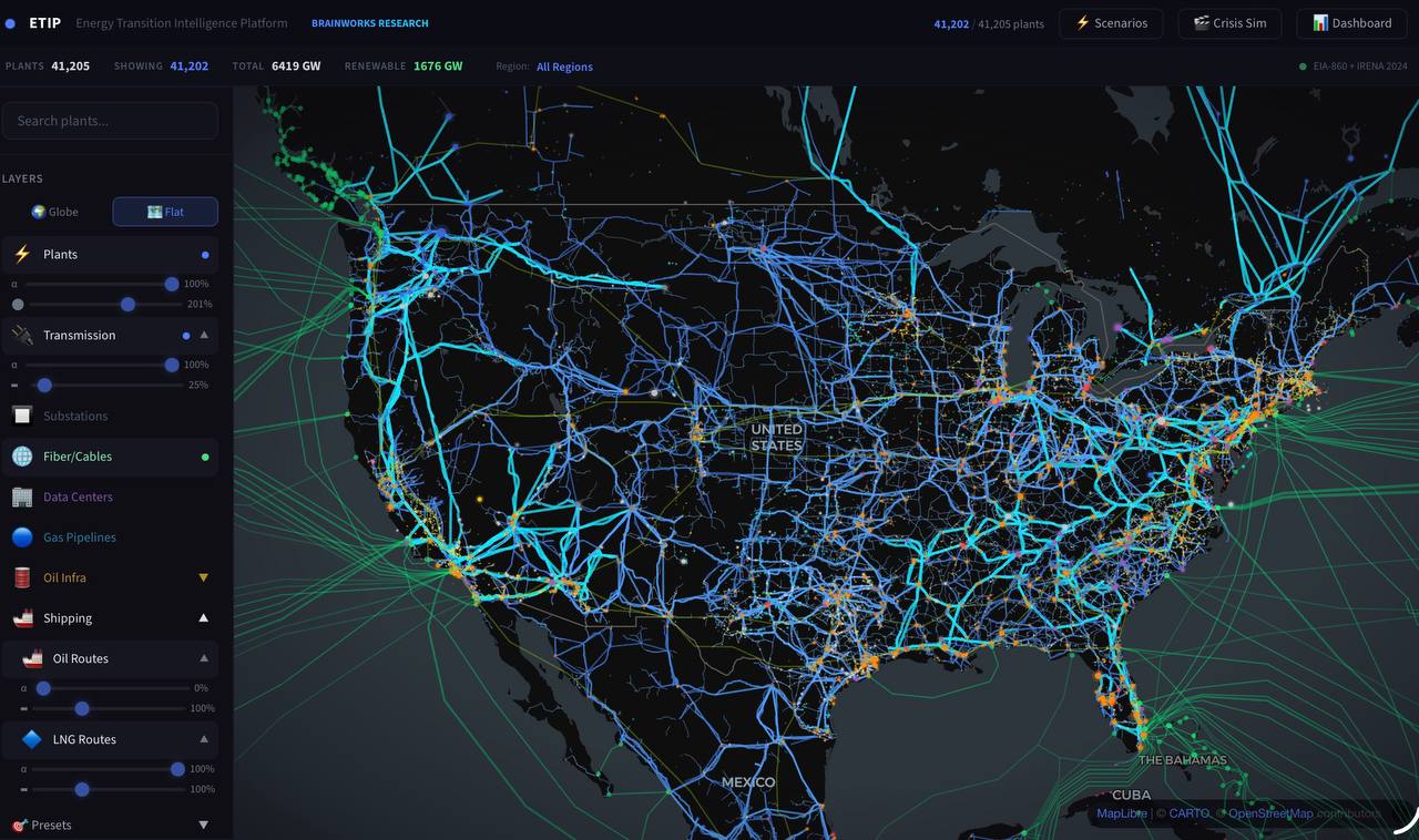 Every US plant, transmission line, substation, and pipeline — scored for transition readiness