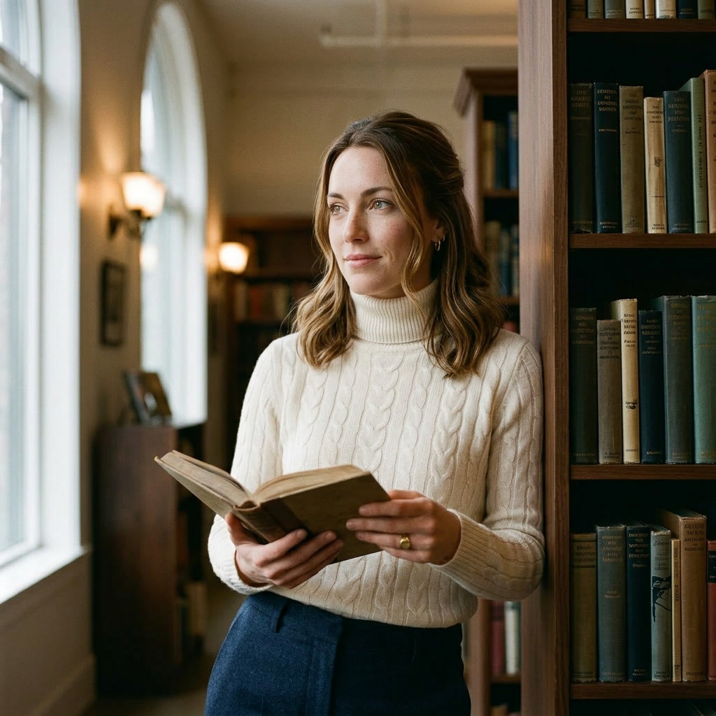 Imagined-me in a library editorial frame, composed and attentive.