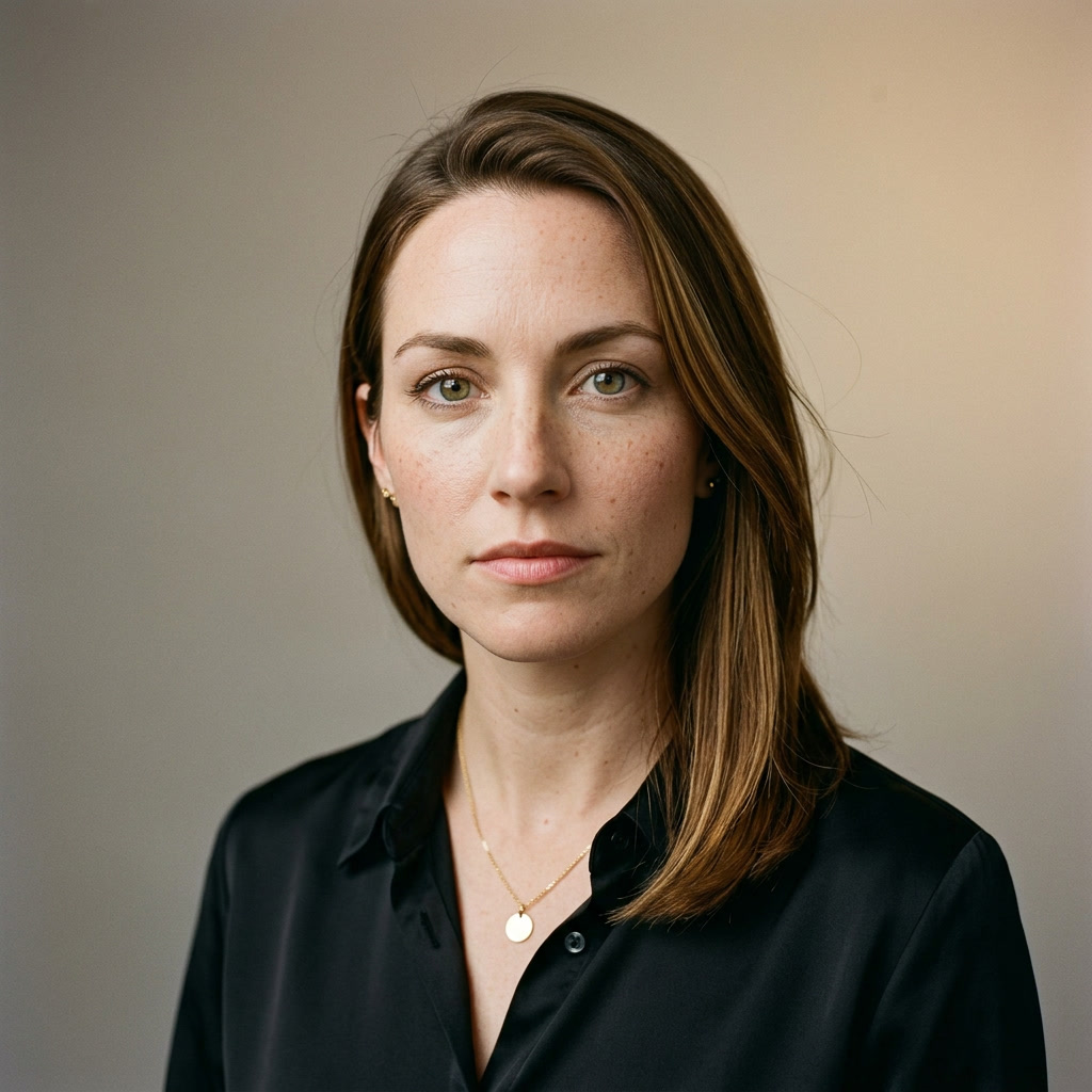 Imagined-me in a studio editorial portrait — the close.