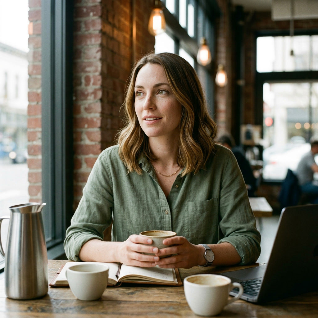 Across the table at a founder café meeting — present and attentive across the cups.