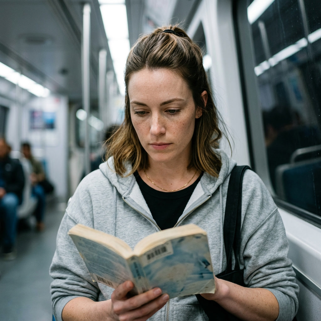 Imagined-me on a BART commute, paperback in hand, soft natural smile.
