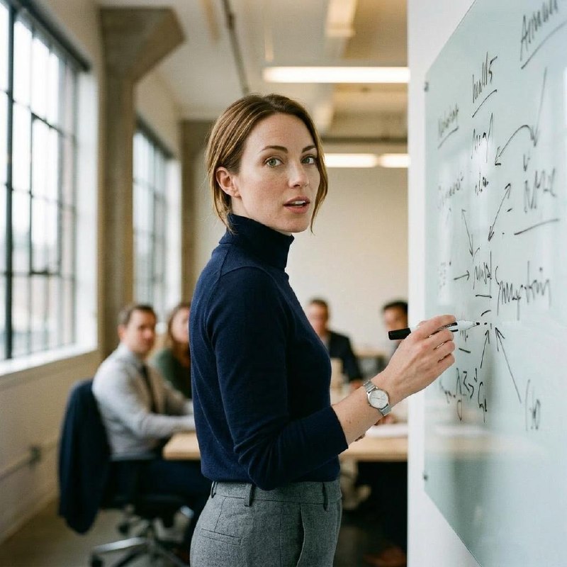 Imagined-me at a glass whiteboard mid-explanation, navy turtleneck, half-turn glance back at the team.