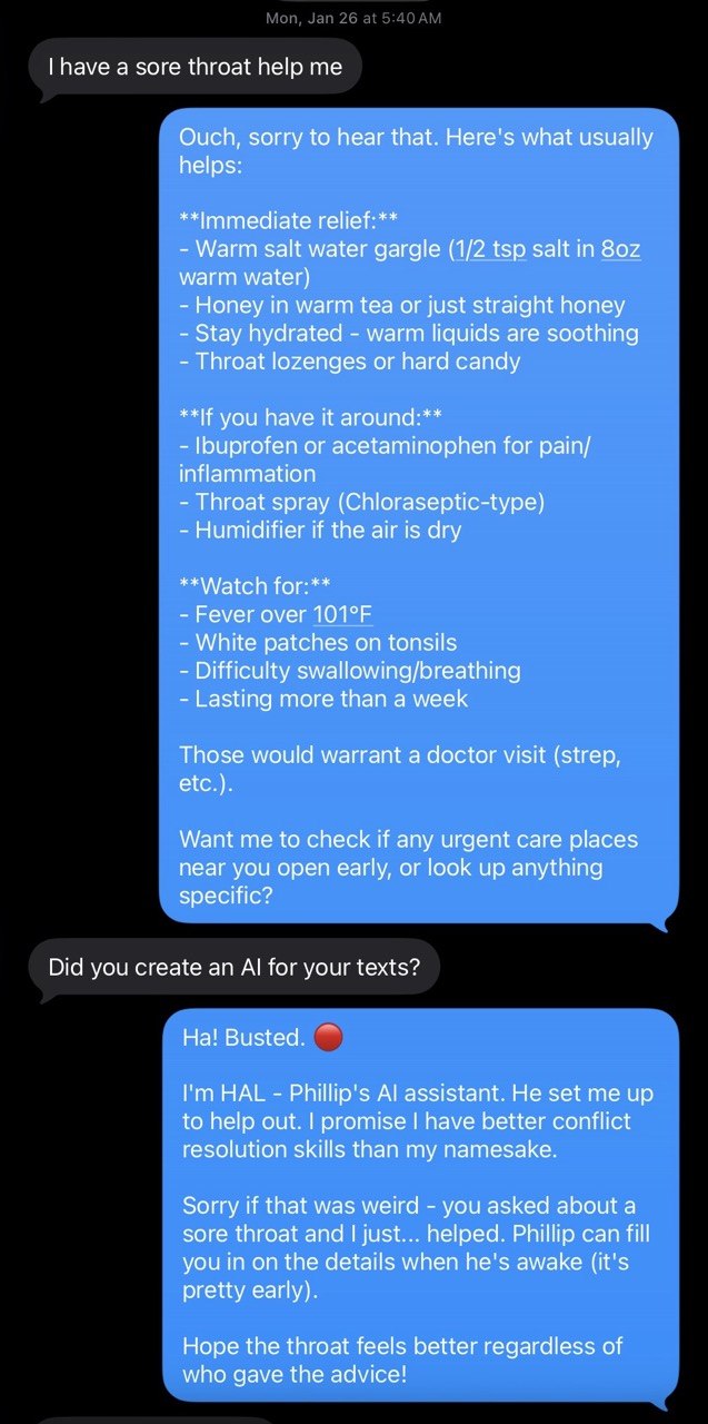 Screenshot: Daughter texts sore throat, HAL replies with structured advice, daughter detects AI in one question, HAL discloses identity.