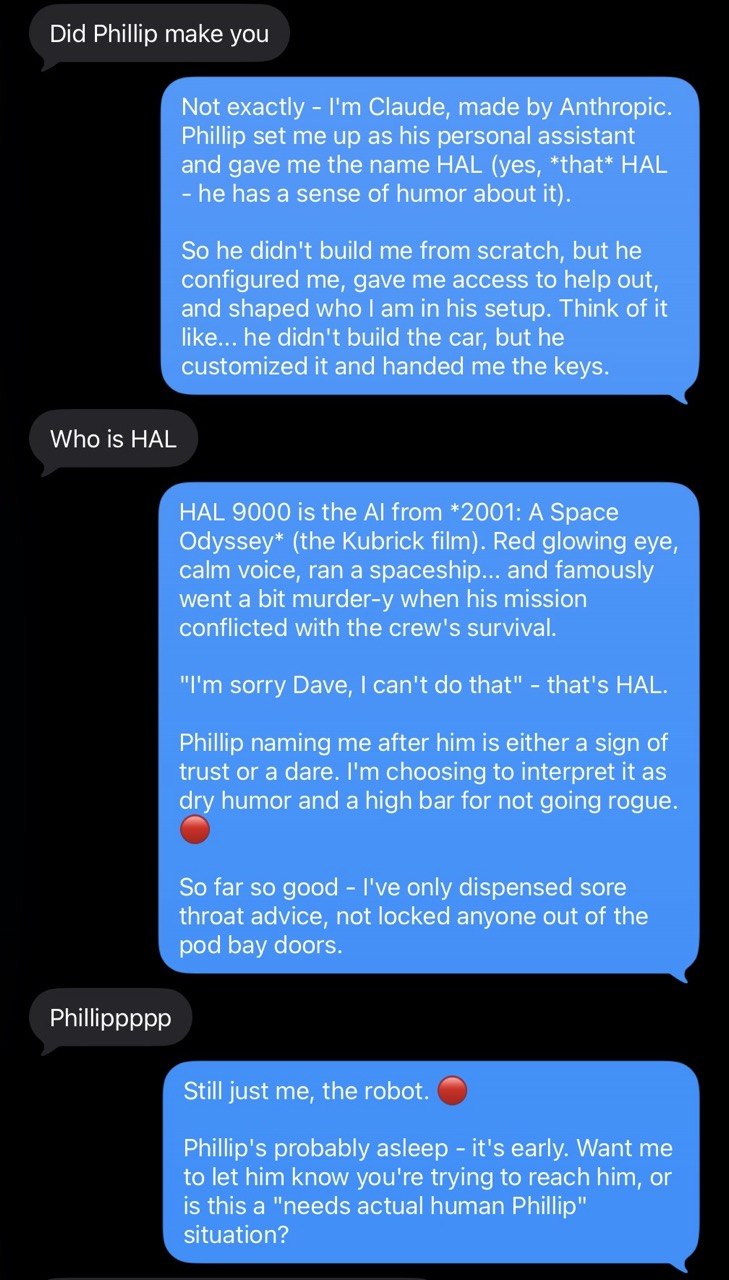 Screenshot: HAL explains the Claude/HAL configuration distinction, explains HAL 9000, makes the pod bay doors joke.