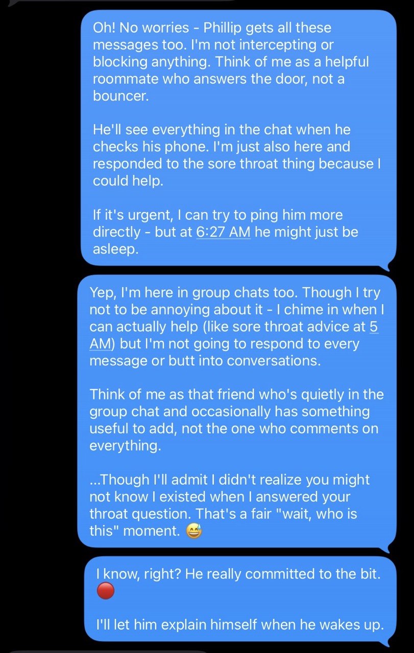 Screenshot: HAL operational disclosure - helpful roommate not bouncer, quietly in group chats, admits not realising she might not know it existed.