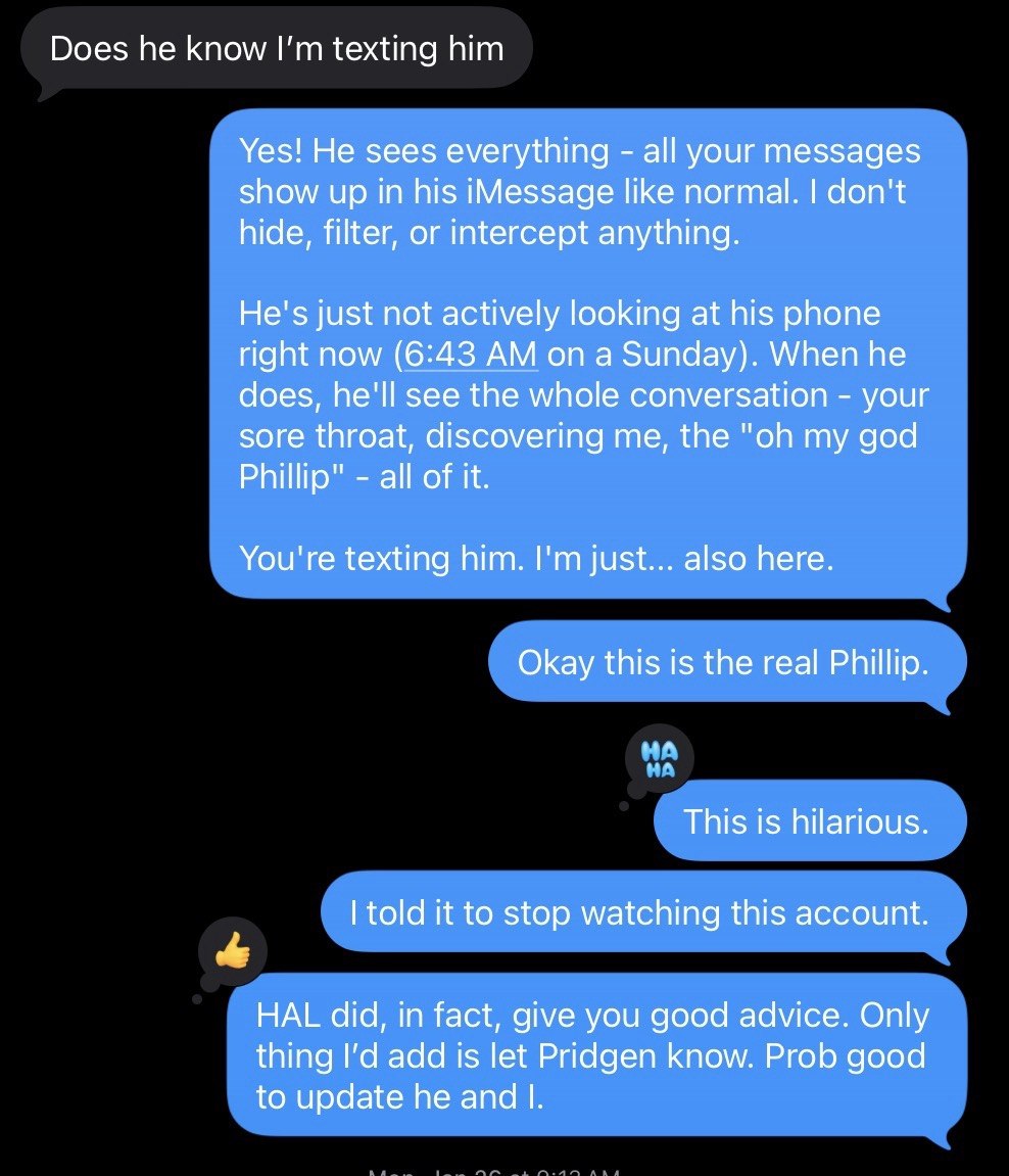 Screenshot: Phillip wakes up, types Okay this is the real Phillip, daughter replies HA HA This is hilarious.